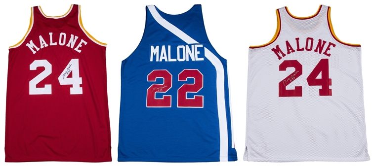 Lot of (3) Moses Malone Signed Jerseys (Red Cross Hurricane Relief Lot) 